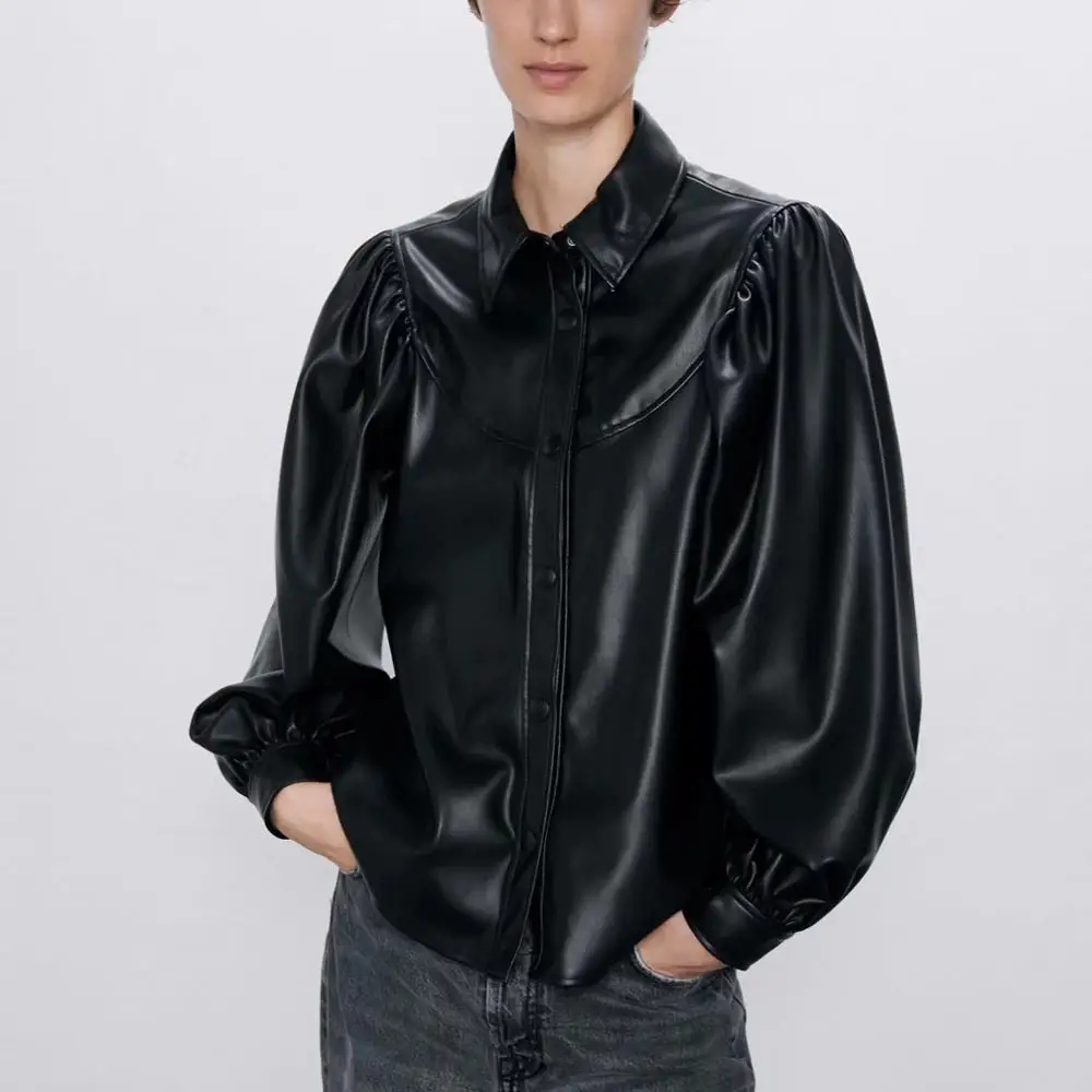 Женская Повседневная блузка ZA черная из искусственной кожи с