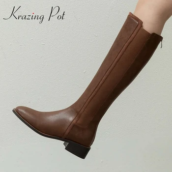 

Krazing Pot new split leather round toe med heel riding boots French romantic young lady daily wear vintage knee-high boots L00
