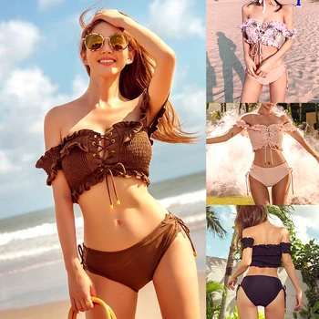 

Sexy Korea Off Shoulder Swimsuit Women Swimwear 2020 Ruched Ruffle Cute Lace Up Bikini Set Swimming Suit For Ladies Bathing Suit