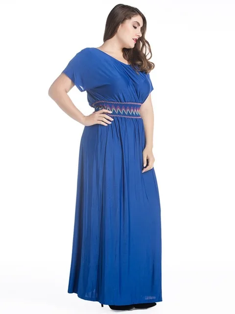 Blue Пляжное женское длинное платье Стиль Плюс Размер Женская одежда Boho 5XL 6XL 7XL короткий рукав свободное женское платье черный синий - Color: Blue