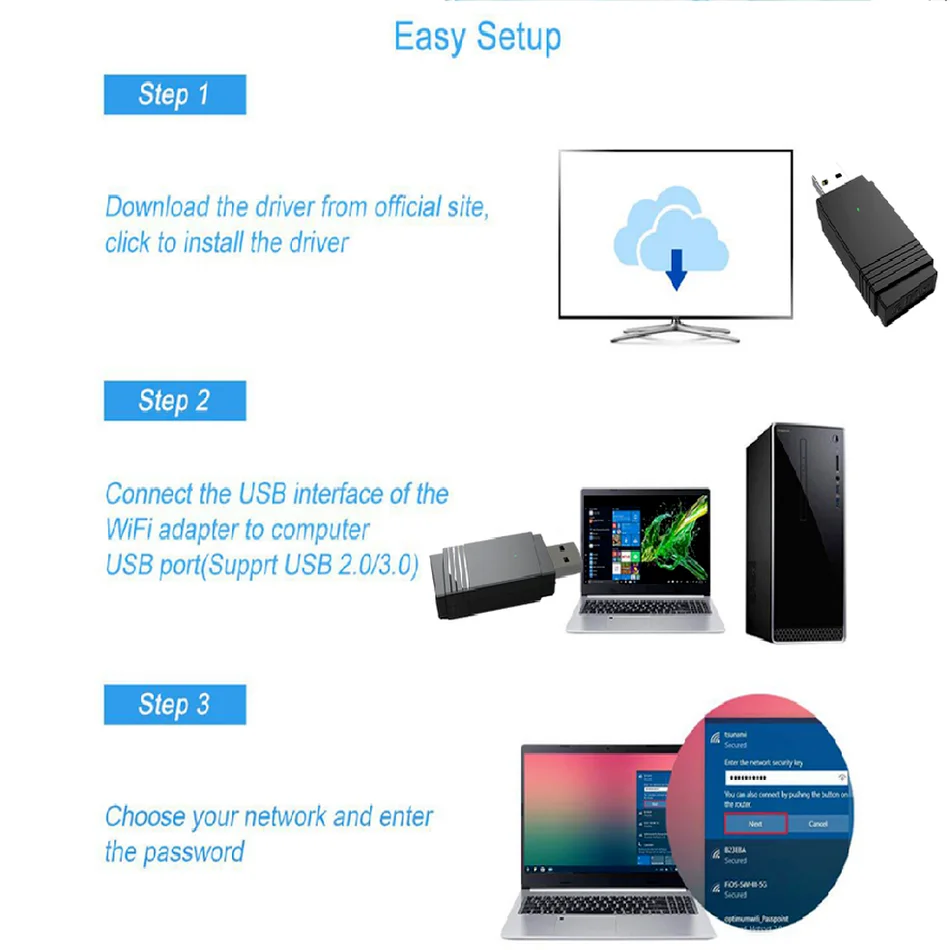 USB 3.0 Wi-fi 1200Mbps Adapter Dual Band 2.4Ghz/5.8Ghz Bluetooth 5.0/WiFi 2 in 1 Antenna Dongle MU-MIMO Adapter for PC Laptops wifi adapter