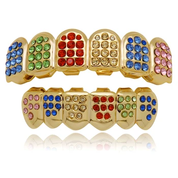 

Teeth Grills Caps Top & Bottom Hip Hop Rainbow Iced Out AAA Zircon Micro Pave Colorful Grills Set Men Women Fashion Jewelry