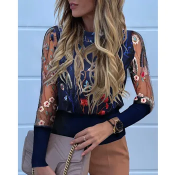 

BEFORW 2019 Sexy Mesh Embroidered Sweater Autumn Ladies Casual Long Sleeve Knit Pullover And Pullover Elegant Shirt