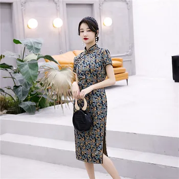 

Vintage Print Flower Large Size 3XL Cheongsam Elegant Women Satin Cheongsam Sexy Chinese Style Qipao Classic Slim Vestidos