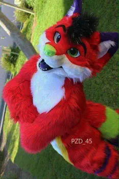 Günstig Langhaarige Rote Fuchs Maskottchen Kostüm Husky Hund Fursuit Halloween Cosplay Anzug Weihnachten Ostern Kleid Up Party Karneval Unisex