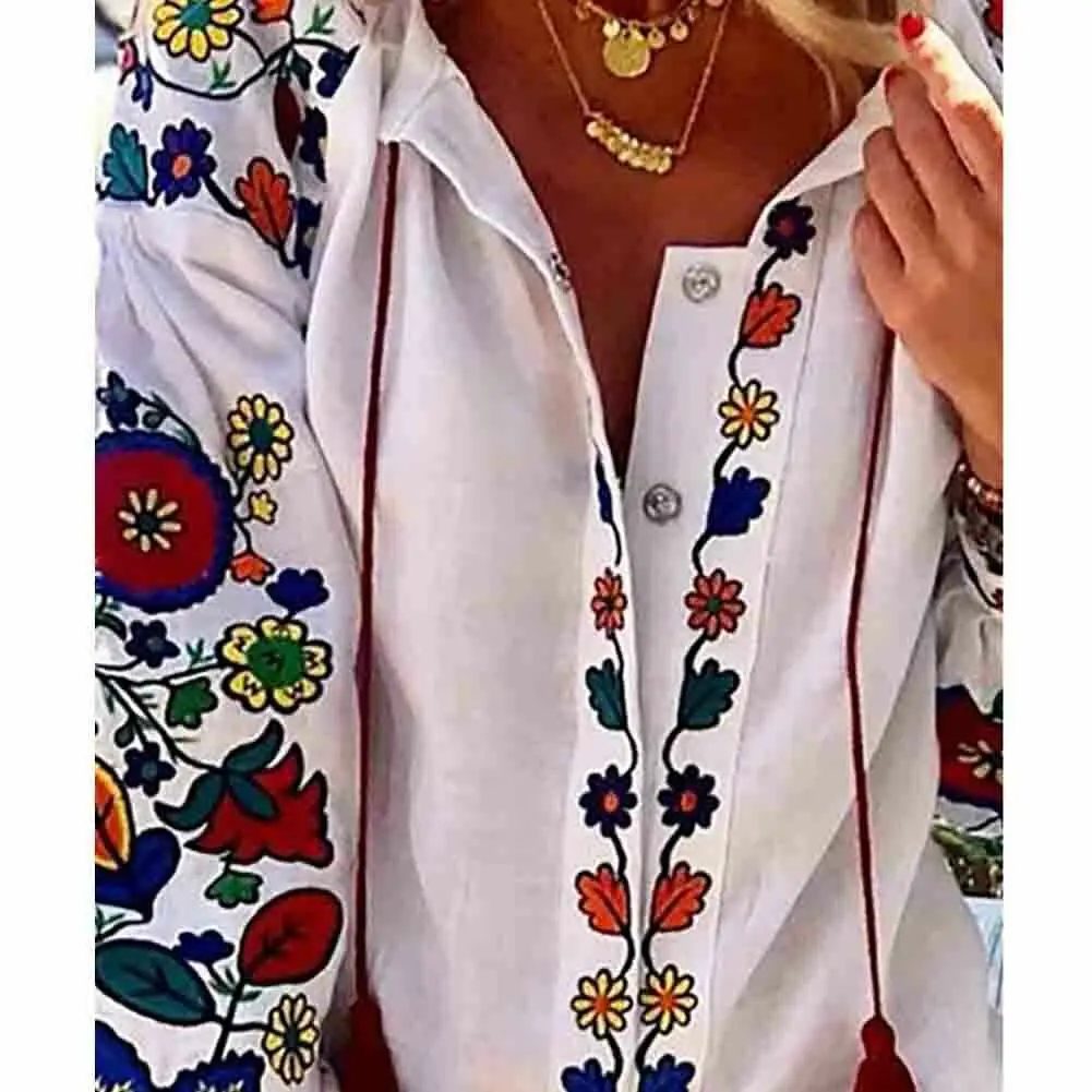 Hirigin Spring Autumn Women Casual Flower Print Linen Button Long Lantern Sleeve Tunic Blouse National Feature Wear