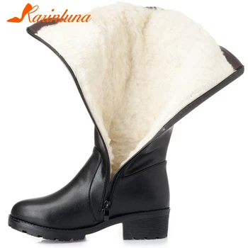 

Karinluna 2020 Hot Sale woman shoes Genuine Leather Keep warm Mid-calf Boots Plush Thick Heels Boots