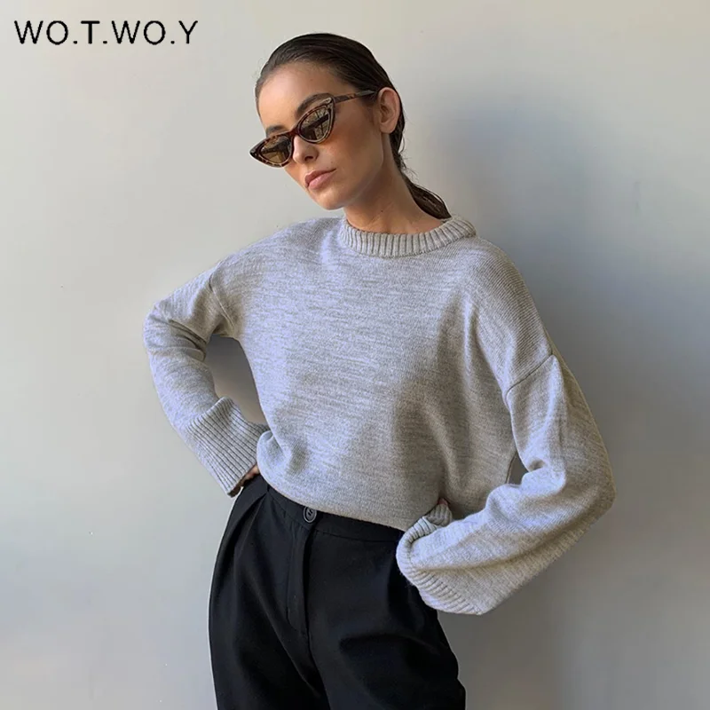 

WOTWOY Elegant Knitted Cashmere Sweater Women Solid Loose Knitwear Pullovers Women Long Sleeve Basic Sweaters Female Jumper 2020