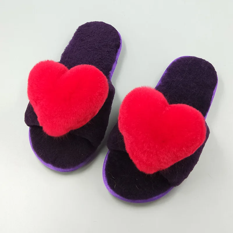 

New Style Autumn And Winter Women's Sheep Shearing Fur Home Cotton-padded Shoes Rabbit Fur Heart Shape Soft-Sole Purple Slipper