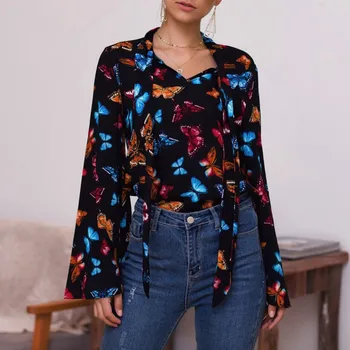 

ETOSELL New Fashion Bow Tie Butterfly Print Shirt Women Autumn Blouse Shirt Trumpet Long Sleeve Women Shirts 2019 SlimTops