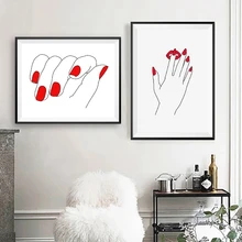 Девушка Красный гвозди линии ручной рисунок Искусство Холст Картина Маникюр подарки ногтей салон стены Искусство плакатный принт салон красоты на стену Декор