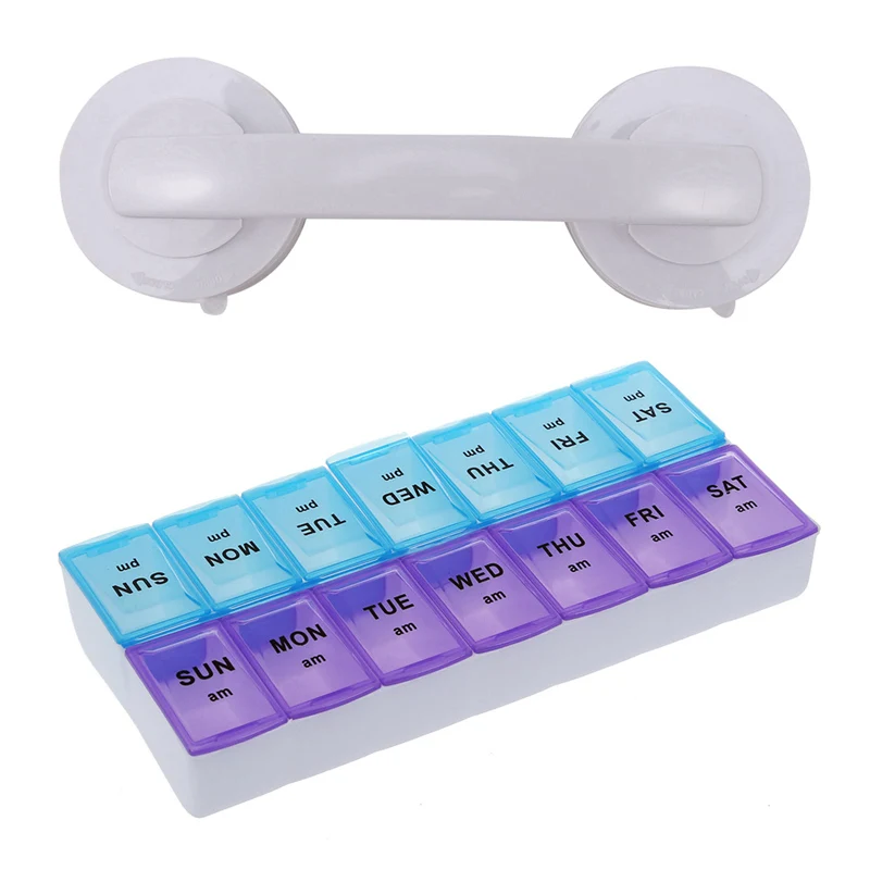 Promotion! Seven Day AM &amp PM Pill and Tablet Storage Box with 14 Compartments Vacuum Sucker Suction Cup Safety Grab Bar Handle |