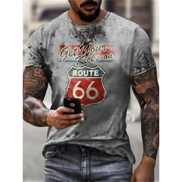 Summer New Mens T Shirts Oversized Loose Clothes Vintage Short Sleeve Fashion America Route 66 Letters Printed O Collared Tshirt 1688-P-0111