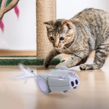 

Mouse Shape Rechargeable Pet Toy Interactive Cat Toy with 5 Replacement Feathers Steering Automatically at Corners