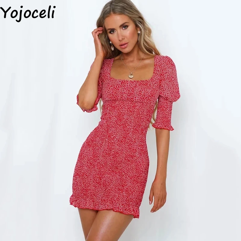 Yojoceli сексуальное короткое облегающее платье с принтом женское осеннее пляжное платье с квадратным вырезом женское повседневное классное элегантное платье