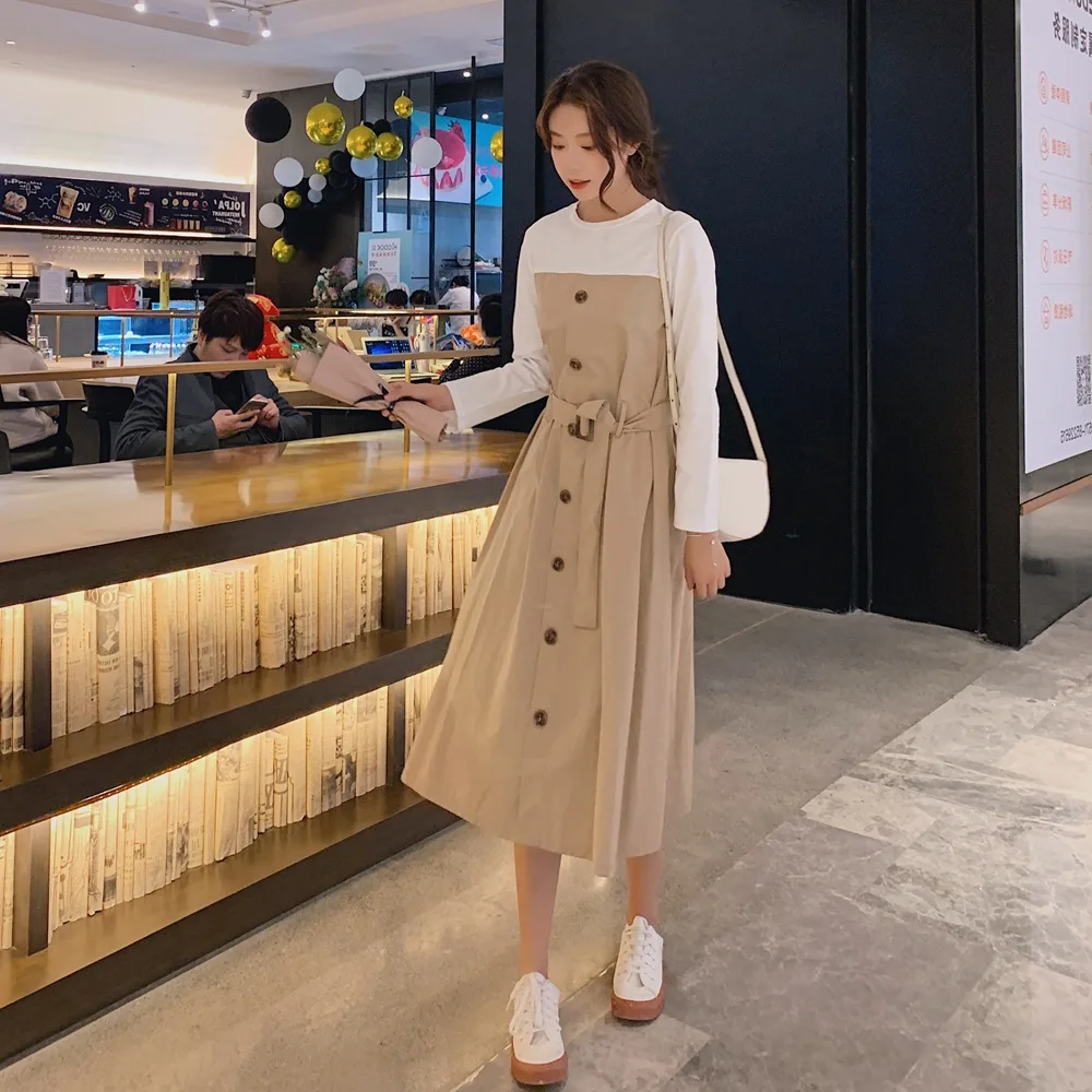 

Photo Shoot 2019 Spring Summer New Style Korean-style WOMEN'S Wear Retro Laziness-Style Joint Contrast Color Mock Two-Piece Wais