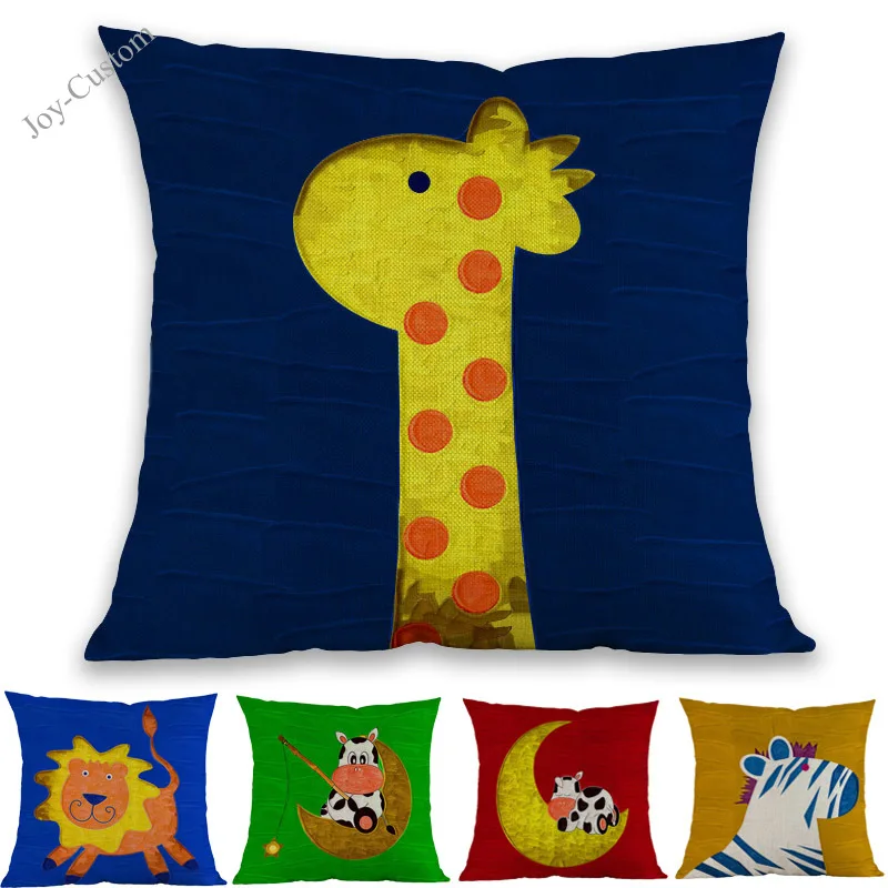 Texture Of Oil Painting Style Cartoon Cute Animal Design Cows giraffe Pillow Case Children's Room Decoration Cushion Cover Gift | Дом и