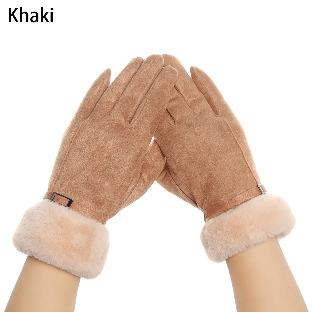 Зимние перчатки для женщин, женские теплые одноцветные перчатки, женские элегантные плюшевые рукавицы на запястье, перчатки для лыжного вождения Guantes Invierno - Цвет: khaki