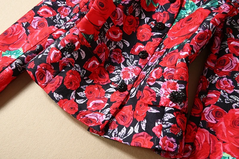 Красный RoosaRosee дизайнерский осенне-зимний женский комплект из 2 предметов с цветочным принтом, бриллиантовая пуговица, куртка с длинными рукавами, пальто+ юбка, костюм, комбинезон