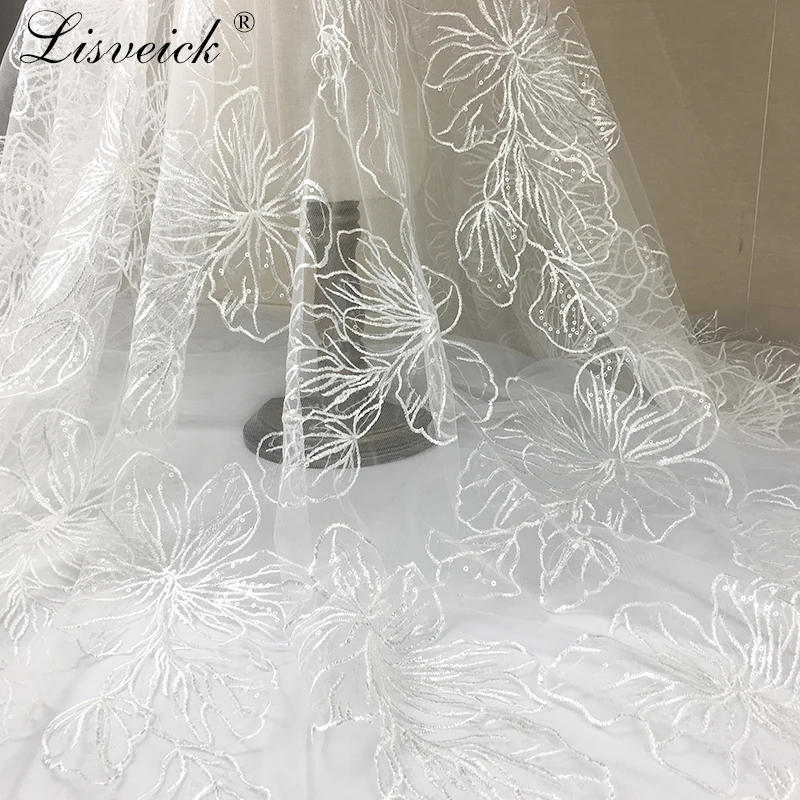 1yard white flowers hollow Net yarn fabric Sequin embroidery lace mesh  fabric wedding dress skirt cloth DIY garment accessories