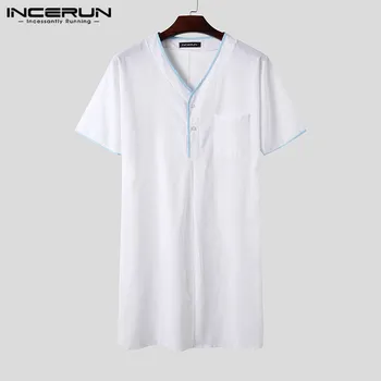 

INCERUN Mens Leisure Sleep Robes Fashion Short Sleeve V Neck Sleepwear Solid Color Bathrobes Loose Nightgown Homewear Plus Size