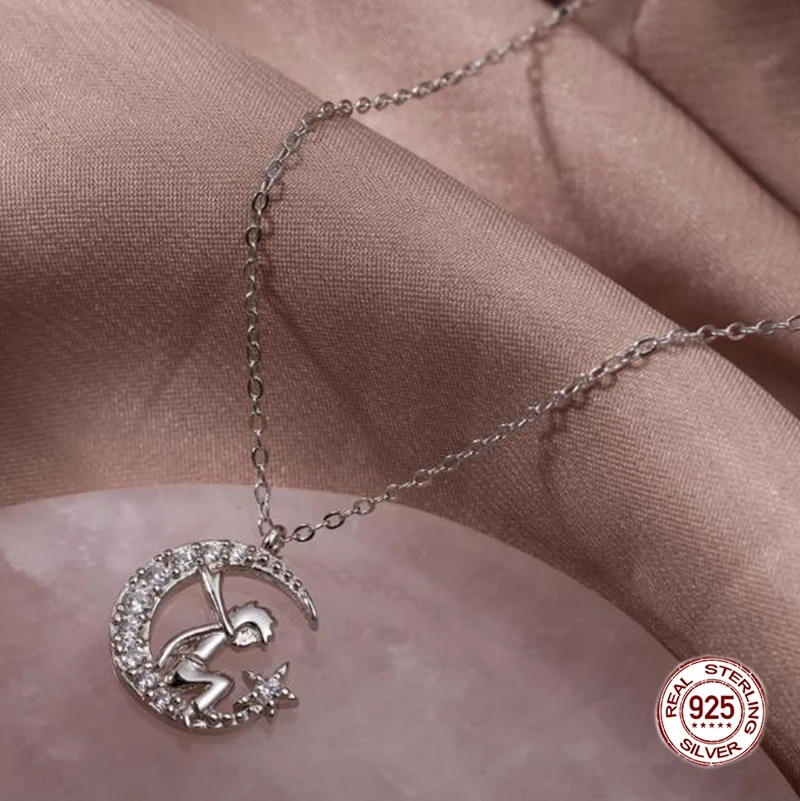 Маленький принц на Луне 925 пробы Серебряное ожерелье с цирконом подходит для женщин DIY Мода Мультфильм ювелирные изделия подарок на день рождения