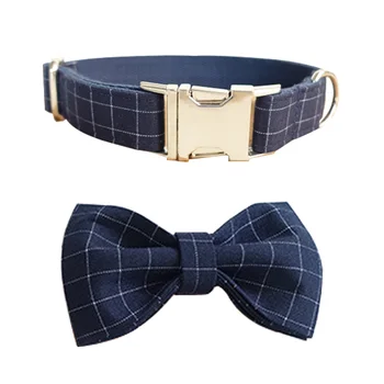 

Navy Blue Plaid Dog Collar and Leash Set With Bow Tie with Metal Buckle For Big and Small Dog Cat Collar Pet Accessorie
