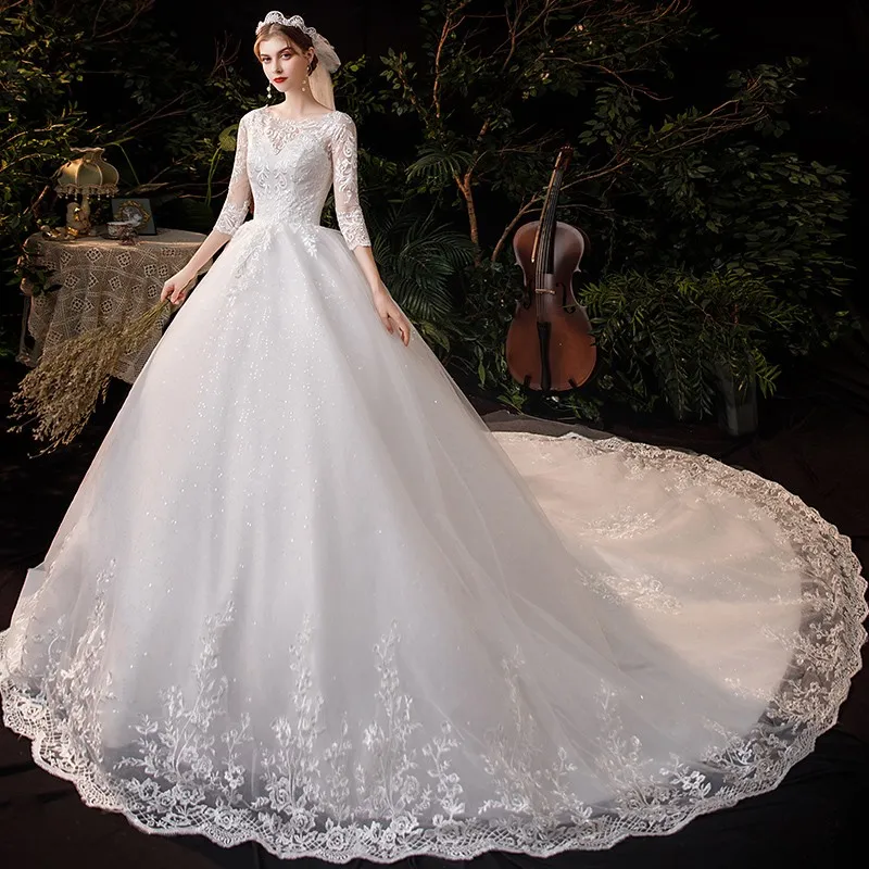 Luxury Wedding Dresses O Neck Three Quarter Sleeve Lace Appliques Bridal Gowns | eBay Luxury Wedding Dresses O Neck Three Quarter Sleeve Lace Appliques Bridal Gowns | eBay