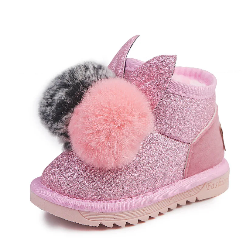 

Warm Baby Boots for Girls 2020 New Arrival Rabbit Fur Ball Toddler Boots Baby Girl Cute Bling Infant Snow Boots Newborns D09283