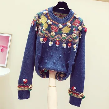 

Retro Handmade Three-dimensional Flower Colored Pullover Sweater 2019 Autumn Winter Korean Version Loose Knitted Sweater,A316