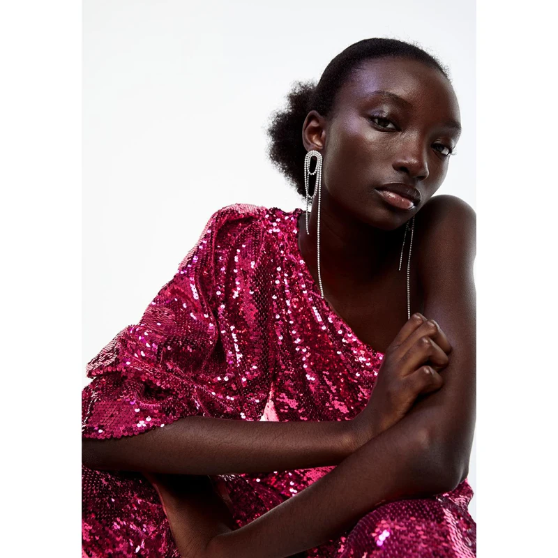 AGong, тонкие Асимметричные футболки с воротником, женские модные однотонные топы с блестками, женские элегантные футболки с короткими рукавами для женщин, LP