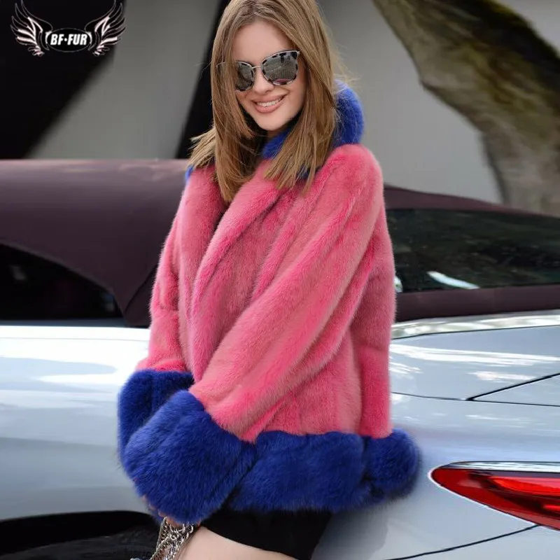 

2020 Fashion Real Mink Fur Coats For Women Russian Winter Plus Size Full Pelt Mink Fur Jacket With Blue Fox Fur Bottom And Cuff