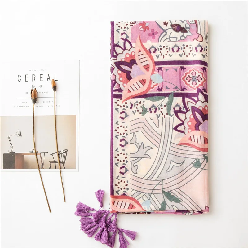 Шарф с кисточками и принтом шаль из вискозы фиолетового цвета мягкий шарф