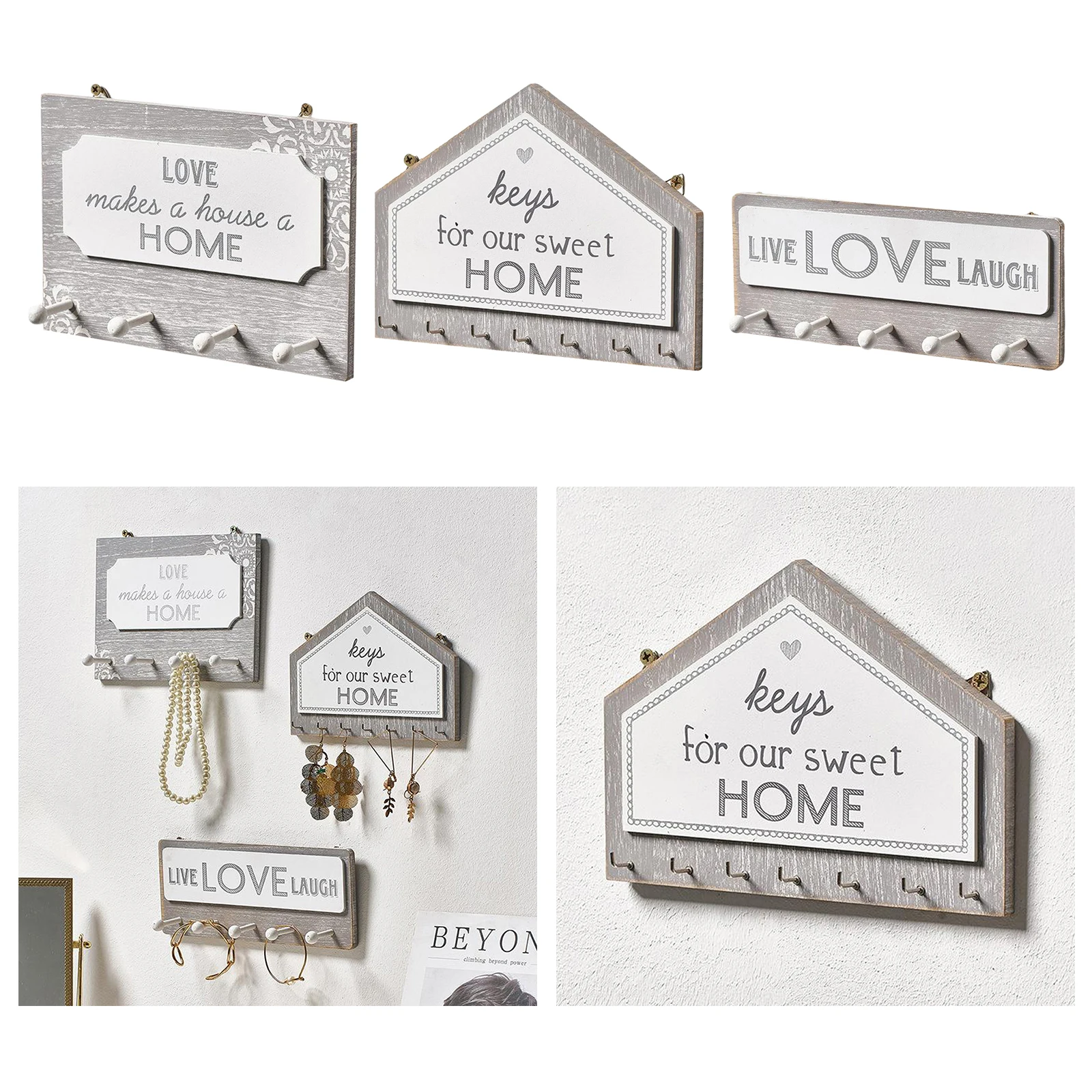 Wood Hanging Plaque Sign With Peg Hooks and 4/5/7 Hanging Hooks Wall Decoration with Letter Sign for Hanging Keys Coat Hat