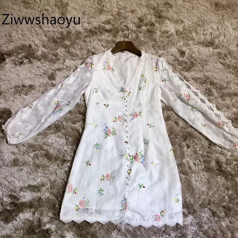 Ziwwshaoyu сексуальный V воротник цветочный принт жаккард Вышивка фонарь рукав однобортный осень зима белые мини платья для женщин