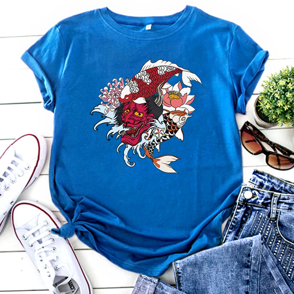 T-Shirt Womens Japanese Mask Koi Flower Printing Women Tshirt Round Neck Harajuku Tee Shirts Gothic Oversize T-Shirts For Woman