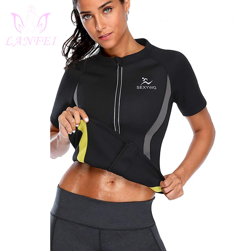 

LANFEI Hot Neoprene Sweat Body Shaper Running T-shirt Womens Fitness Weight Loss Top Workout Waist Trainer Slimming Sport Shirts