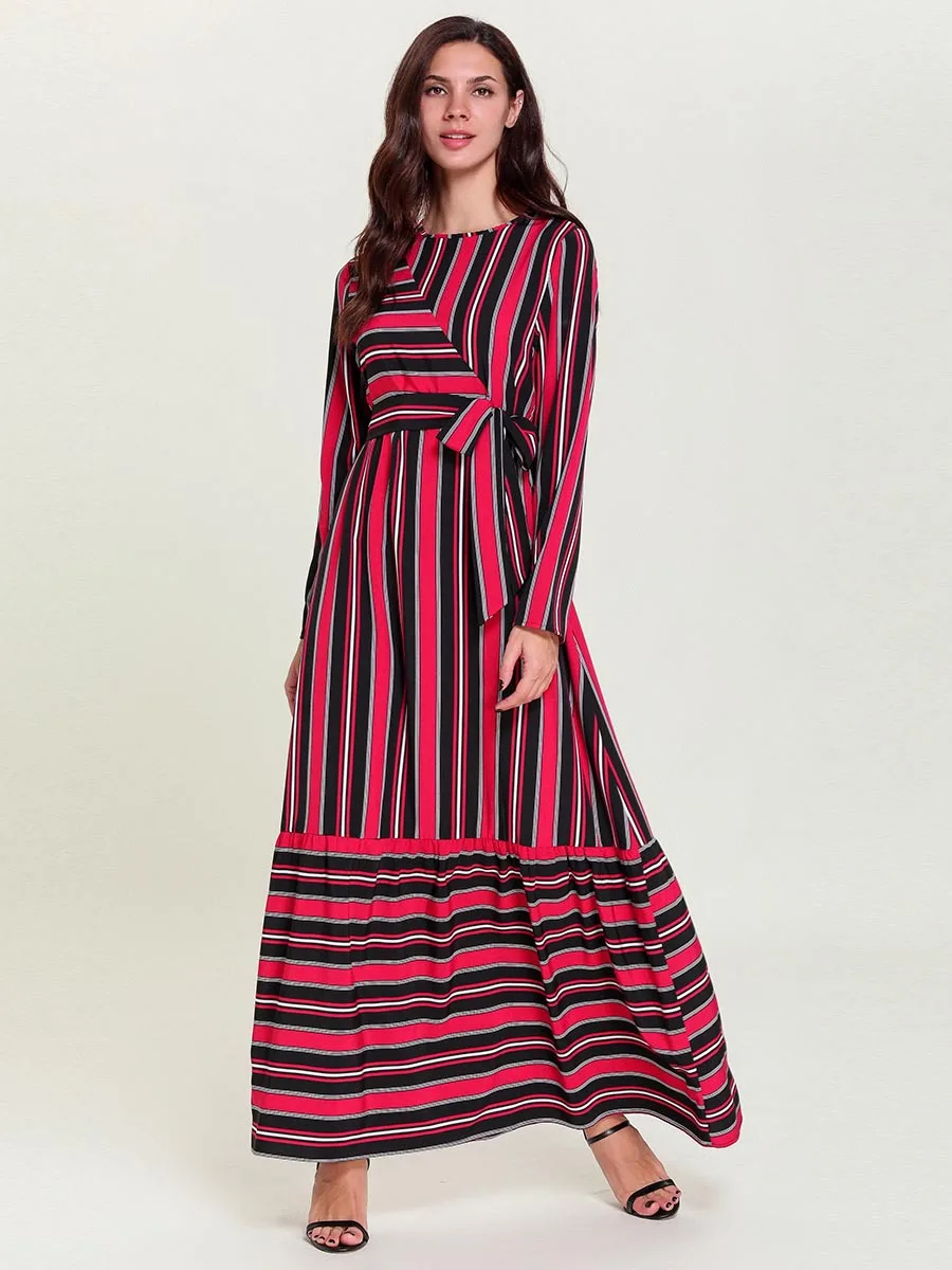 

7790 Large Size Dress Stripes Joint Casual Arab Lace-up Long Skirts
