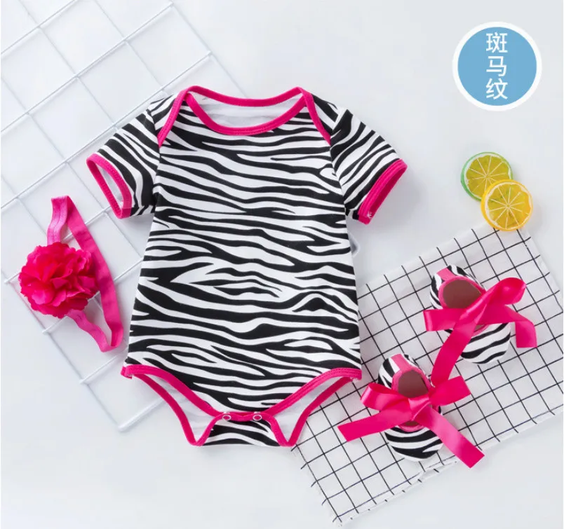 

New Arrival Baby Girl Clothes Zebra Leopard Flower Kid Bodysuits Headbands Clothing Set Jumpsuits Newborn Birthday Party Outfits