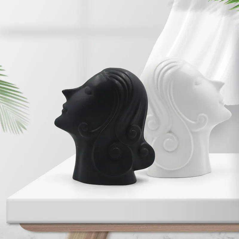 

Modern creative abstract geometric figures portraits, extravagant styles and soft clothes, vase ornaments in porch office studio
