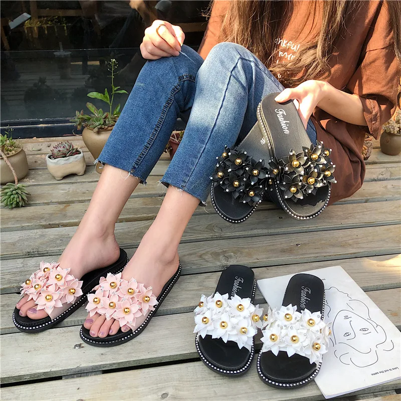 

Slippers women string bead Summer Flat Student Fashion Outside Simple Flower Sandals