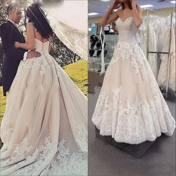 

Elegant Lace A Line Wedding Dresses Sweetheart Appliques Backless Tulle Sweep Train Bridal Gowns Custom Made