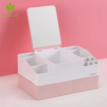 

Plastic Makeup Organizer Box Cosmetics Storage Container Lipstick Holder Jewelry Organizer with mirror Sundries Case Makeup Box