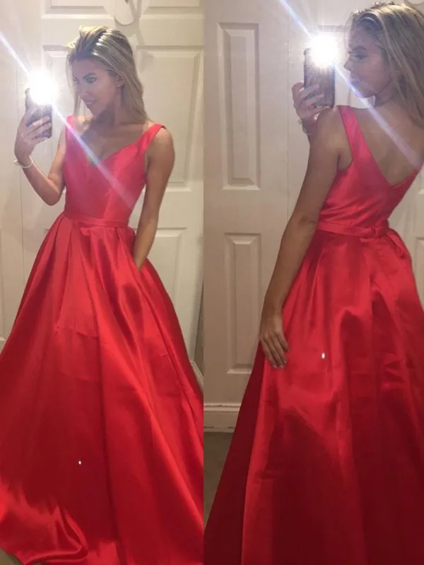 Классическое выпускное платье трапециевидной формы/платье принцессы с v-образным вырезом без рукавов, атласные вечерние платья с коротким шлейфом - Цвет: Красный
