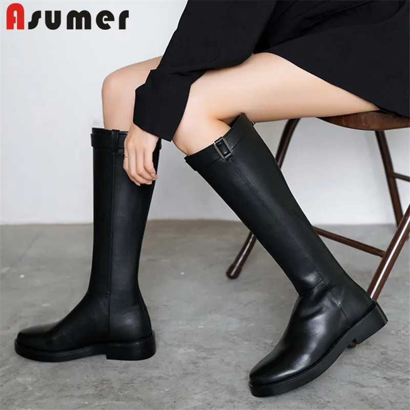 Asumer/; Новое поступление; сапоги до колена из натуральной кожи; женские простые сапоги для верховой езды с круглым носком на молнии; женская повседневная обувь на низком каблуке