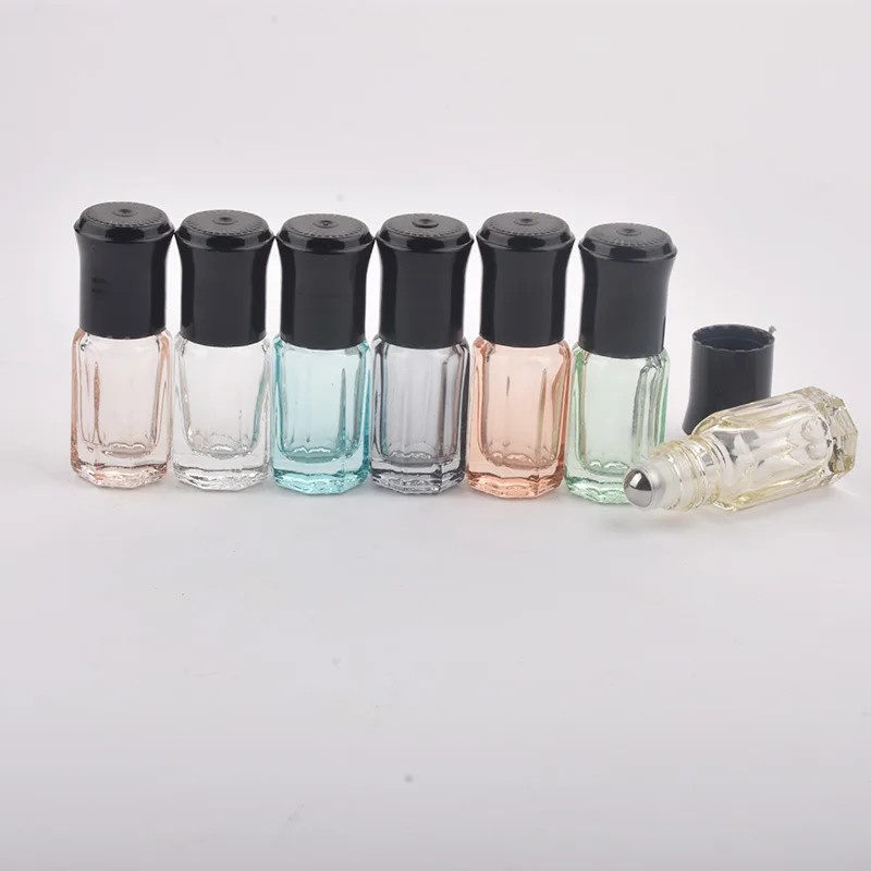 50pcs/lot 3ml Mini Perfume Roller Bottle Thick Glass Essential Oil Empty Bottle With Black Lid Makeup Refillable Bottle