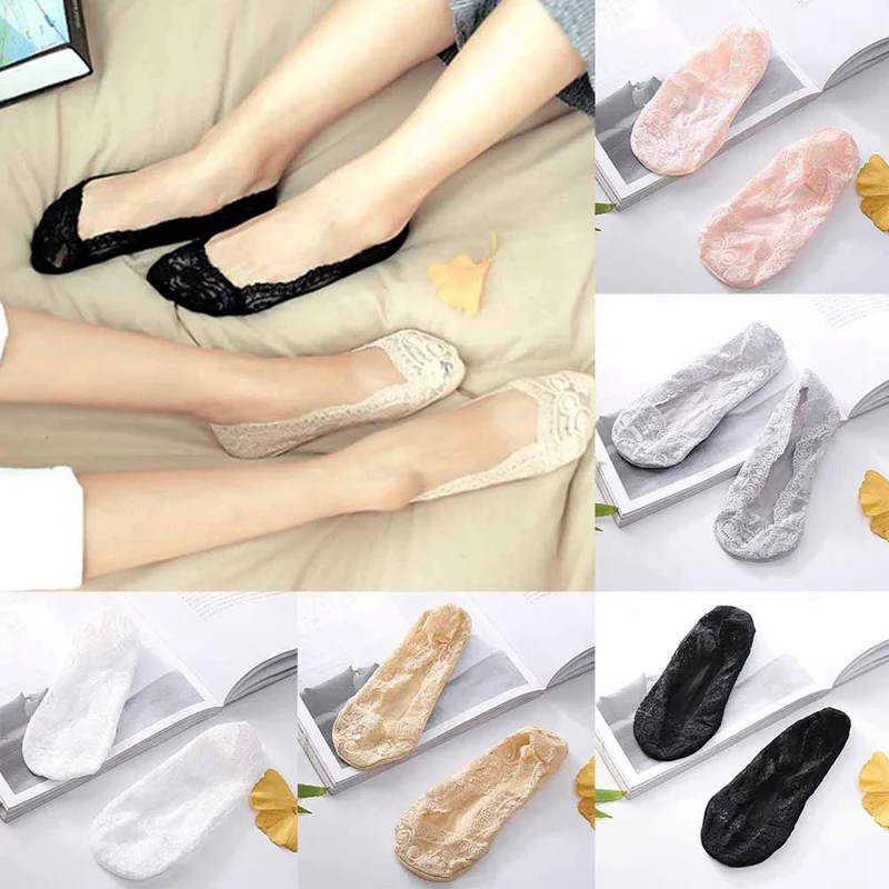 

5 Pairs Spring And Summer Trace Invisible Ice Silk Sock Slippers Anti- Slip Silicone Female Shallow Mouth Lace Sock Slippers