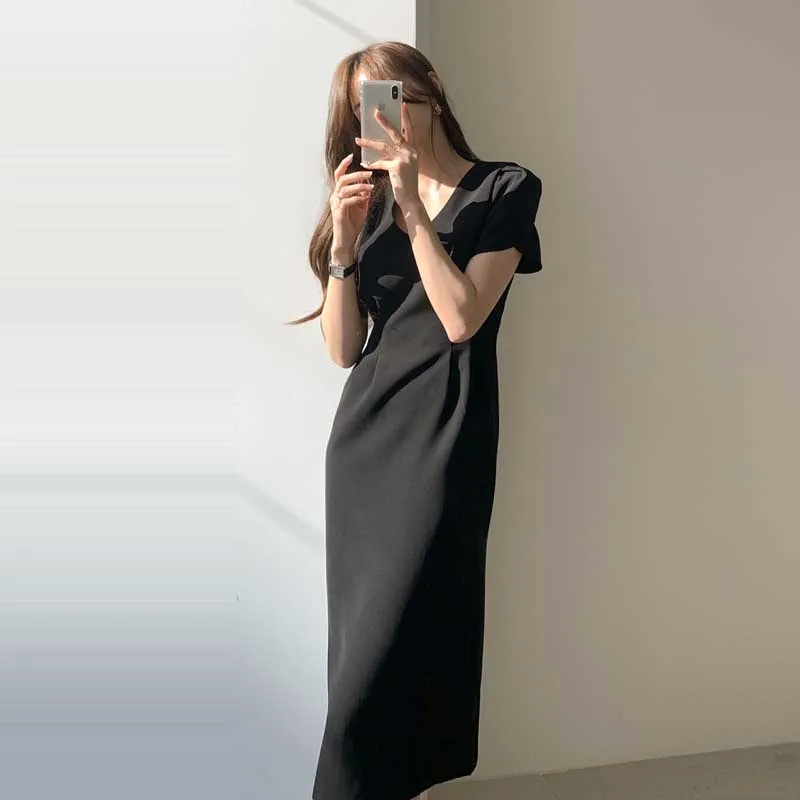 One-Piece New Female Summer Dress 2020 Korean Office Elegance Long Dress Women French Slim Waist V-Neck Party Holiday Dresses