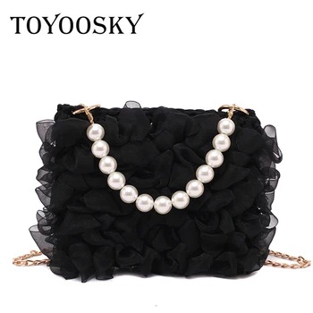 

TOYOOSKY Women Cotton Shoulder Messenger Crossbody Bag Ladies Vintage Handbag Pearl handle Female Weave Shopping Bags Ribbon bag