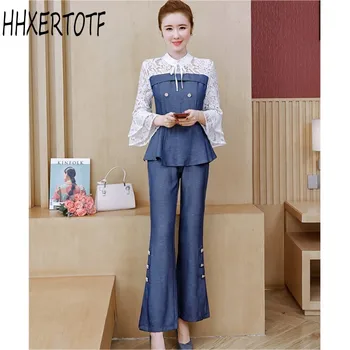 

spring autumn European Fashion Women Suits Lace Patchwork Denim Top Shirt +Wide Pants Two-Piece Clothing Set